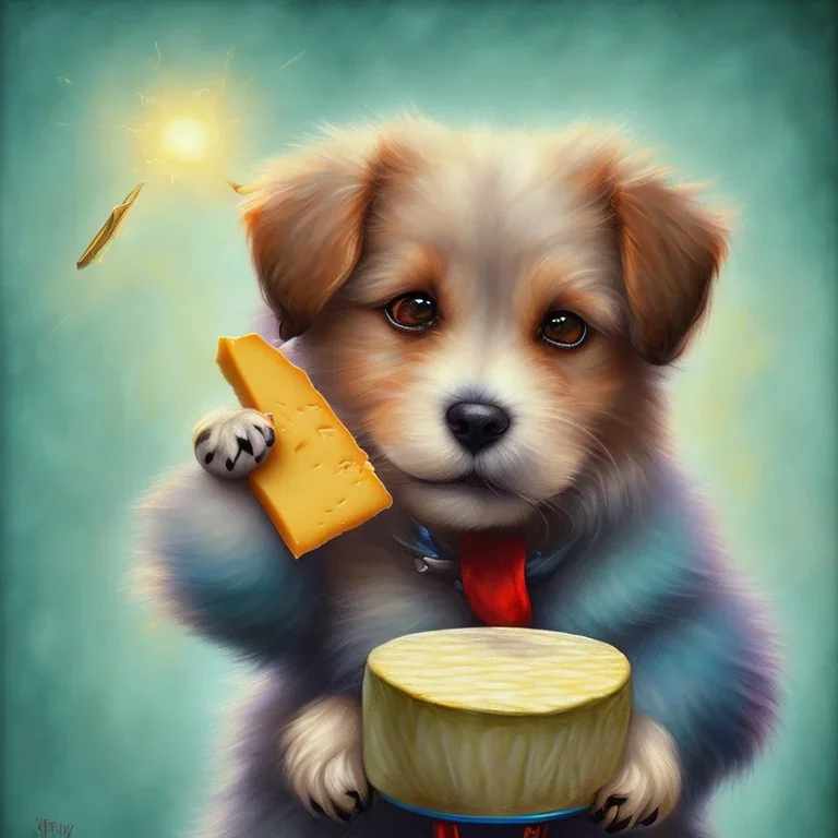 cute puppy eating cheese, art deco, romanticism, watercolor, visual novel, cheerful, furry, sleepy, rembrandt lighting, colorful lighting, blue, teal, aqua, red, purple, yellow, black, detailed, masterpiece