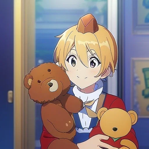 Clear focus, High resolution, a anime kid, cute, cartoony style, smiling, anime screencap, hair between eyes, holding a brown teddy bear, small forhead