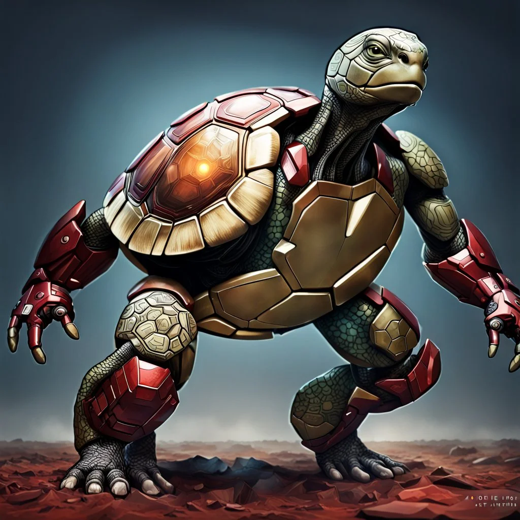 Fhoto full body, reality, Raw, animal turtle vs iron man, digital art, with text "addie", intricate details, powerful composition, captivating, , trending on artstation, sharp focus, studio photo, intricate details, highly detailed, by addie_digi