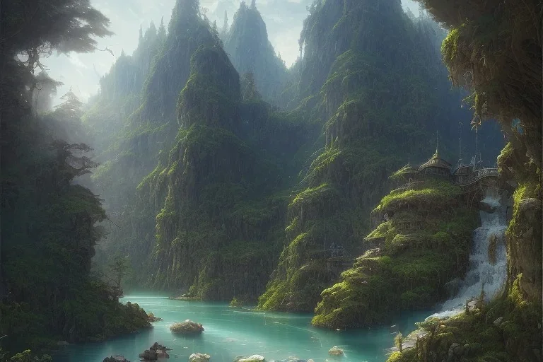 mountain river flows through a fantasy landscape gorge. a big blue lake in the middle of the mountains. fabulous nature, amazing seascape, highly detailed, digital painting, artstation, concept art, smooth, sharp focus, illustration, art by greg rutkowski and alphonse mucha