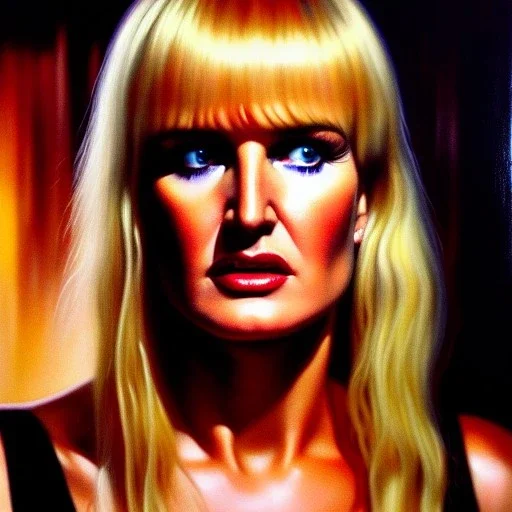 Ultra detailed Portrait in oil on canvas of young busty Daryl Hannah Blade runner,extremely detailed digital painting, extremely detailed face,crystal clear Big eyes, mystical colors ,perfectly centered image, perfect composition, rim light, beautiful lighting,masterpiece,8k, stunning scene, raytracing, anatomically correct, in the style of robert e howard and Ken Kelley and Ohrai Noriyoshi and Simon Bisley and tomzj1