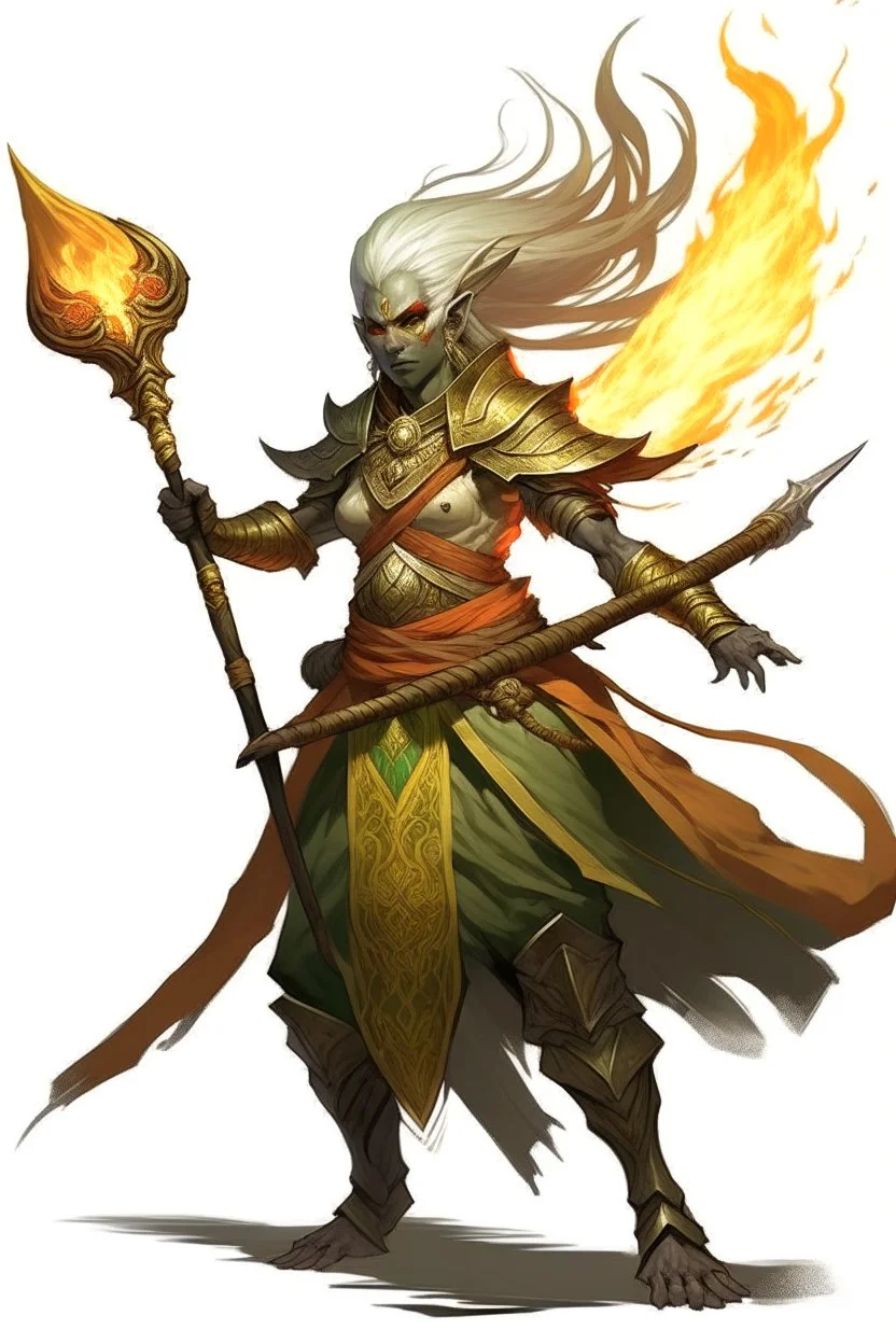 Air genasi from dnd with ashesen skin and asian flowing hair on head holding a spear in Monk attire with ash giant symbolism more ash less fire