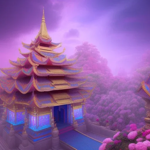 jolie petit temple hindou, lac turquoise, ciel rose et bleu, lumière, fleurs délicates, ambiance très réelle, 8k, Cinematic lighting. Photorealistic. Dynamic lighting. Imperial colors.