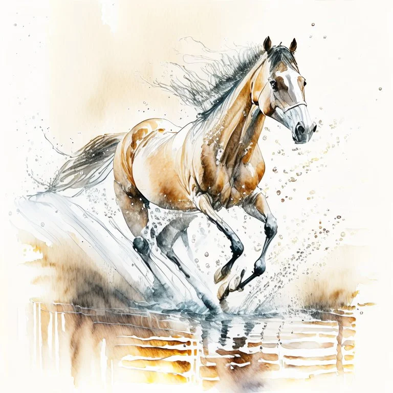 horse galloping through water, flowing, splashing, Misty morning, long view Modifiers: smooth intricate high definition beautiful lighting pencil sketch watercolor polished deep color warm light watercolor and ink LNF