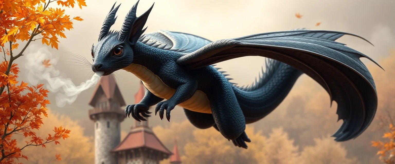 portrait of a shiny black dragon squirrel in autumn, flying above wooden castle, breathing smoke