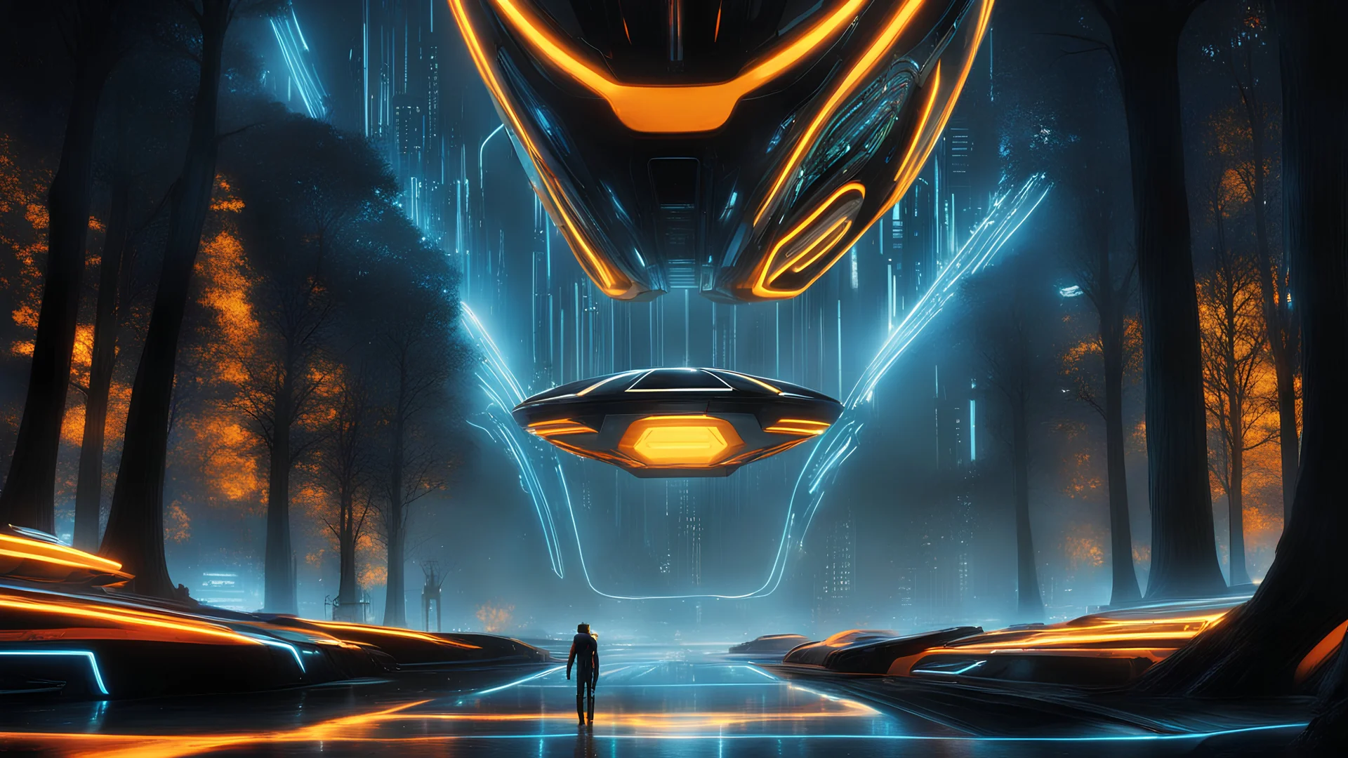 tron legacy movie, creatures,, space ships, city of the future, trees , forest, yellow, blue, red, orange