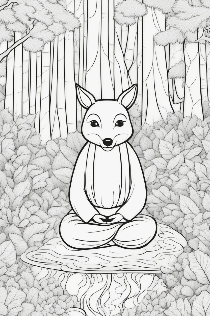 Stress Relief themed coloring page for adult, cartoon style, thick outline, No details, No shading, No colors, no background, black outline only, A cute woodland creature meditating amidst serene forest landscapes