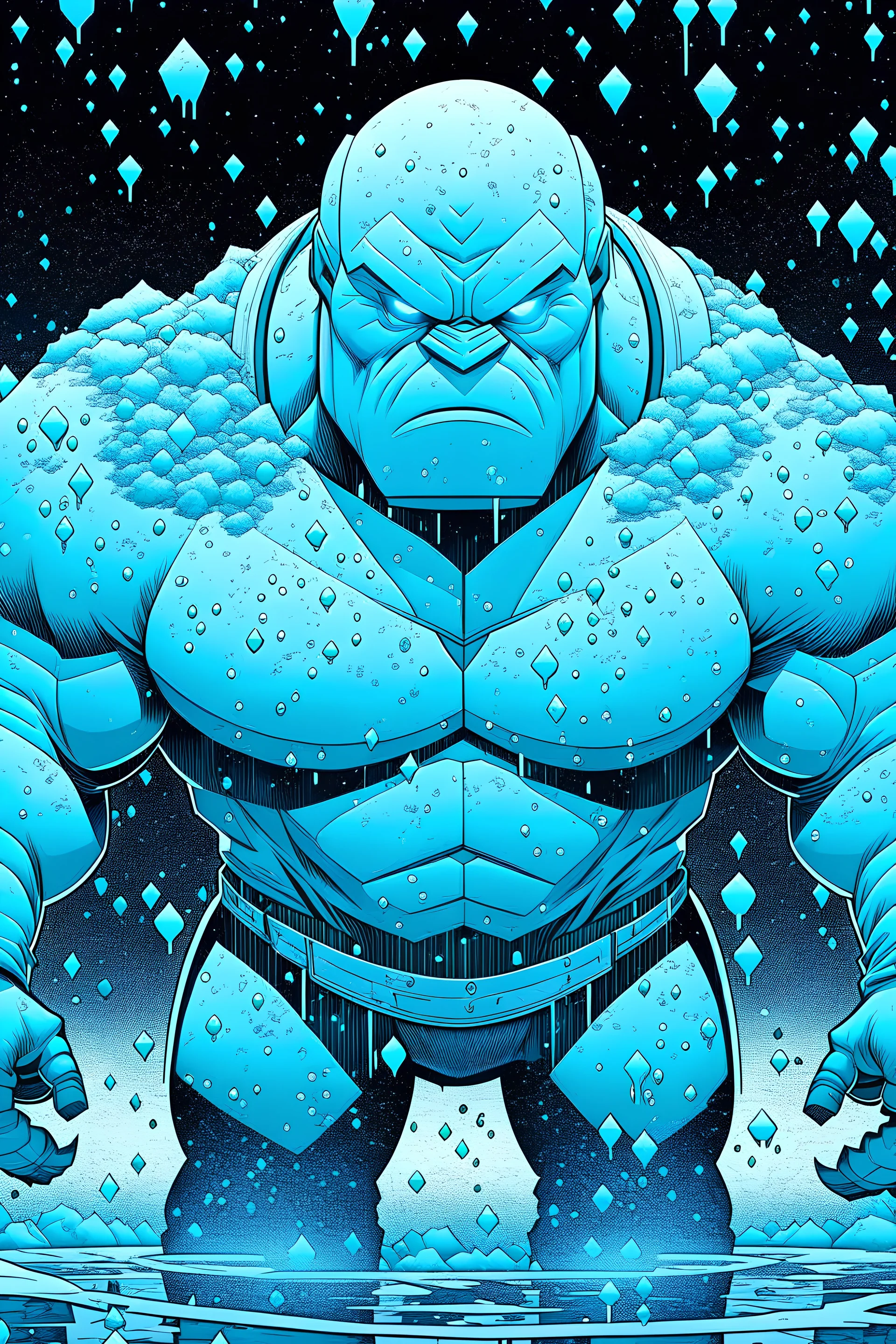A large golem made of ice. Its eyes are blue. It is surrounded by snow. It is snowing around it. Whole figure. Comic-book style.