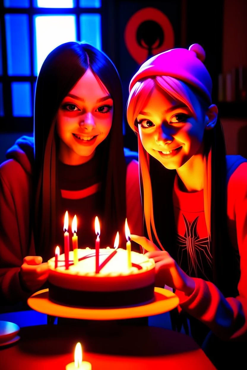 spiderman into the spider verse tarzı 17 yazan mum ile doğum günü kutlayan 2 kız birinin saçı kısa karakterlerin görüneceği kadar aydınlık soldaki kızın saçı daha kısa yüz ifadeleri değişsin çizgi roman tarzı gölgelendirme