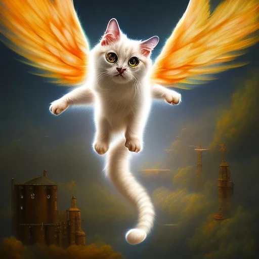 A flying cat with wings. Oil painting.