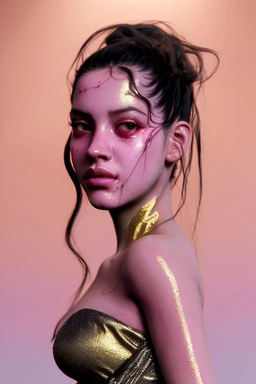 Realistic image, Rosalía artist, portrait, waist up portrait, pink black eye line, sweet, gold and pink geisha style, glow make up, led lights, fog, rain, latex, vibrant color, highly detailed, art stations, concept art, smooth, unreal engine 5, god rays, ray tracing, RTX, lumen lighting, ultra detail, volumetric lighting, 3d, finely drawn, high definition, high resolution.