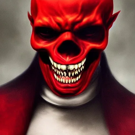 red skull of devil, teeth in nose