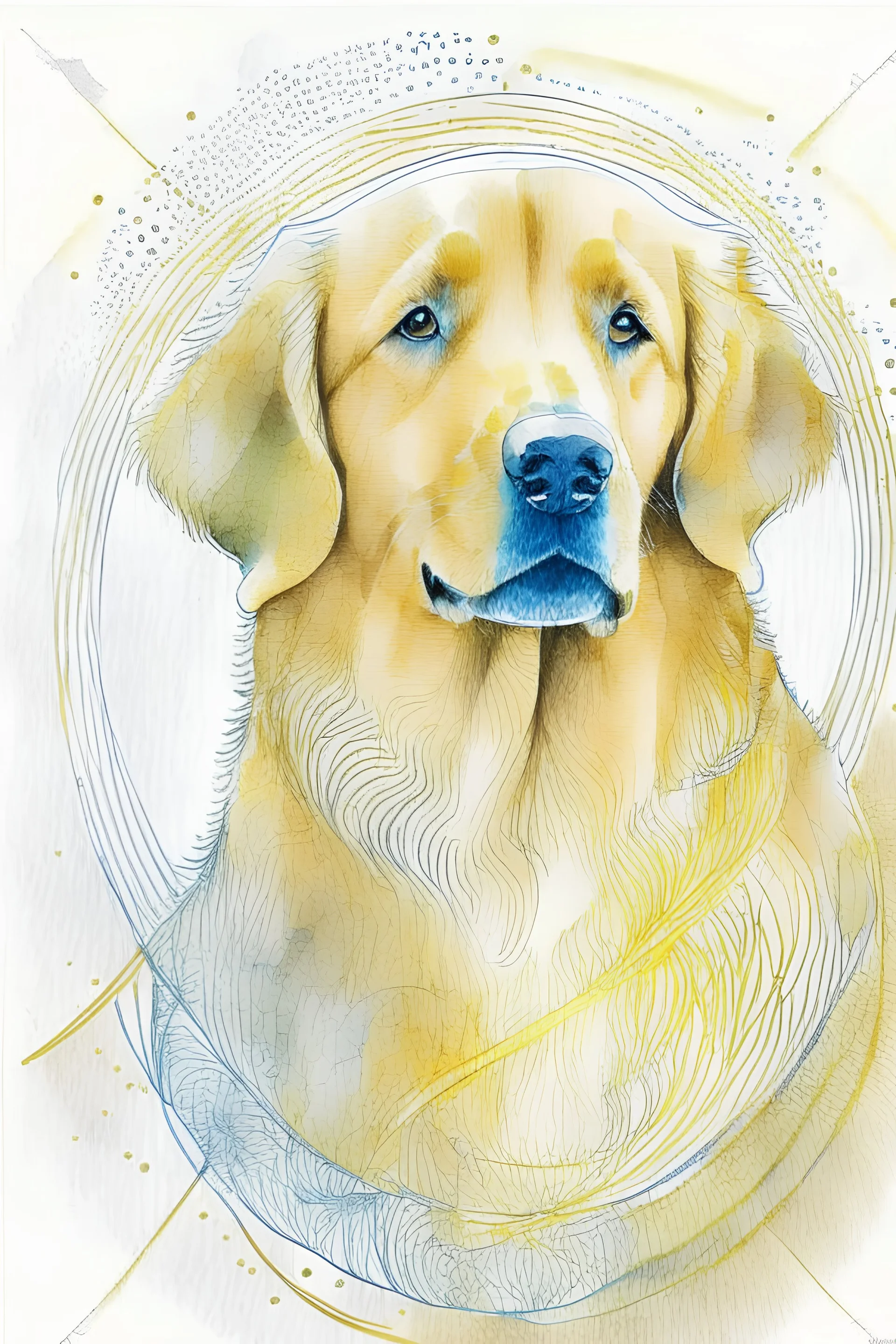 abstract watercolour of a golden retriever dog’s head in the style of Valerie Davide with bifurcated circles and thin pencil lines