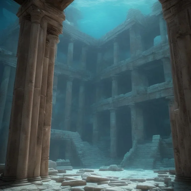 underwater, atlantis temple, ancient with elegant columns, steps, and vaults. the temple is abandoned and the water is murky and dark