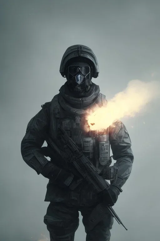 All Black British soldier, wearing high tech mask, white smoke, dark, rage, sorrow, high definition, ultra 8 k, volumetric lighting, blue fire, fog