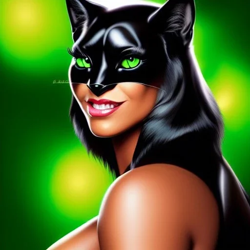 ultra detailed fullbody portrait of beautiful busty Black Cat DC Universe, wearing skintight costume, extremely detailed digital painting, intrincate, extremely detailed smiling face,crystal clear Big Green eyes, in the style of adam hughes , mystical colors , perfectly centered image, perfect composition, rim light, beautiful lighting,8k, stunning scene, raytracing