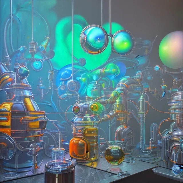 group of scientists is in the laboratory. invent new colors. smoke rises from multi-colored glassware. they are wearing overalls. color swatches in the background. hyperdetailed, orange and teal, warm colors, detailed painting, photorelistic, oil on canvas, light dust, futuristic. volumetric lighting