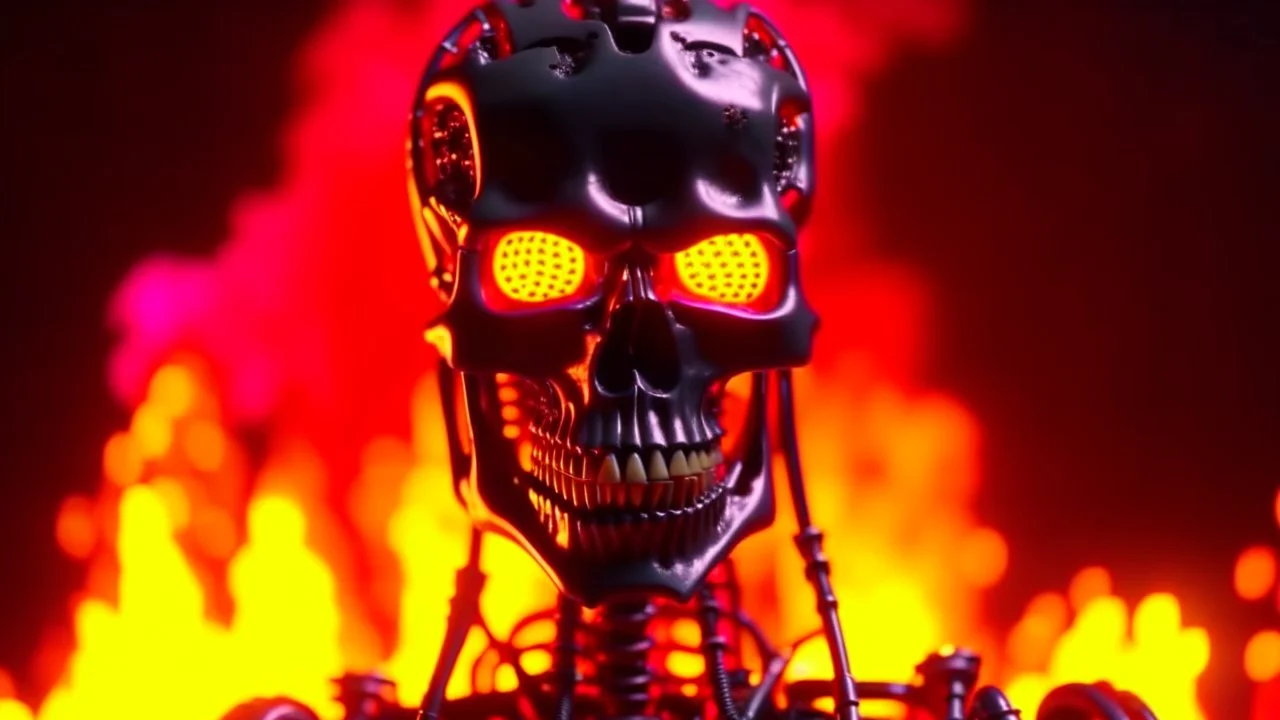 4K portrait of the real-life. Maximum details. Terminator robot, firestarter, radio broadcast logo, flames in the background. Radio