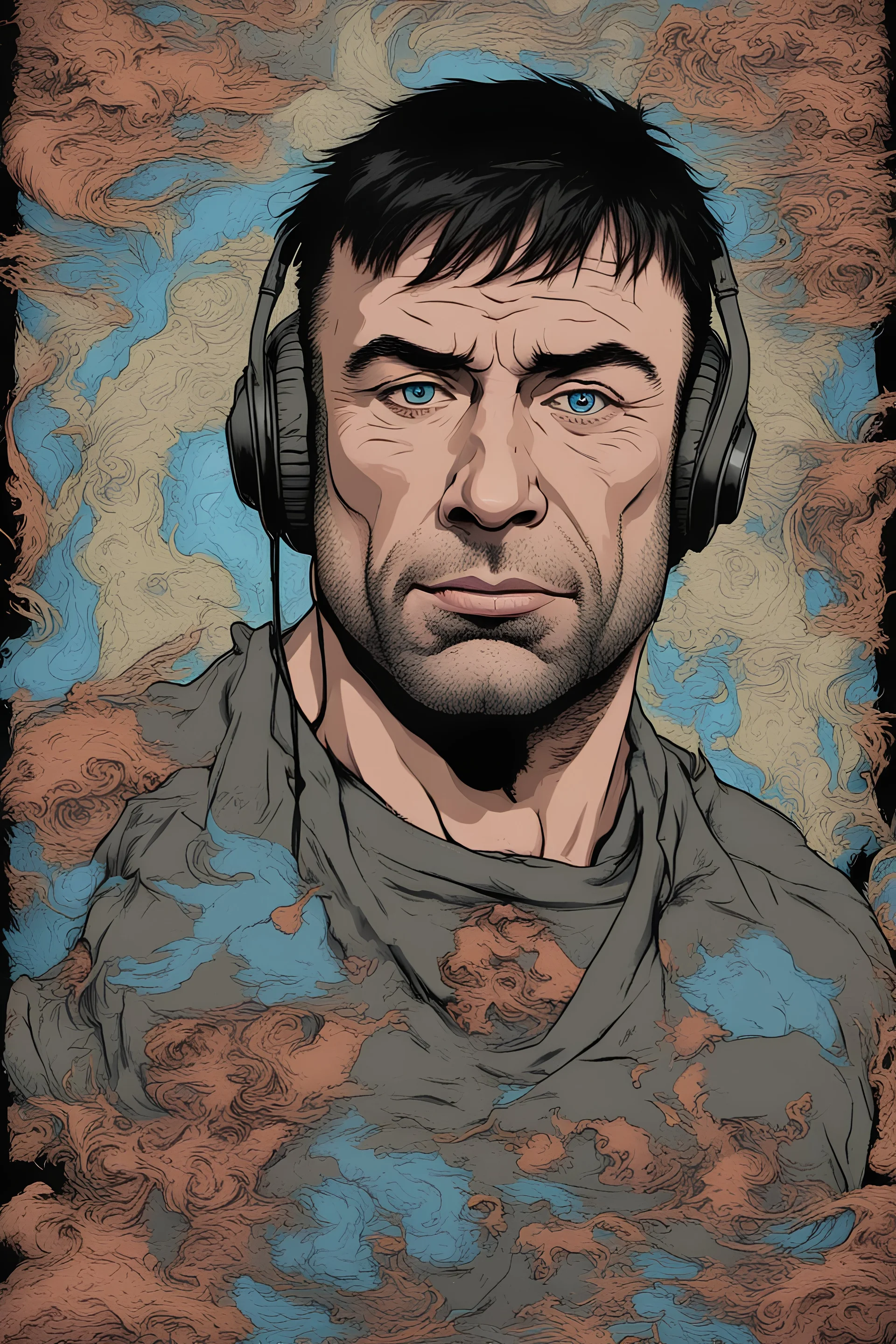 joe rogan with anime face and blue eyes and big leps