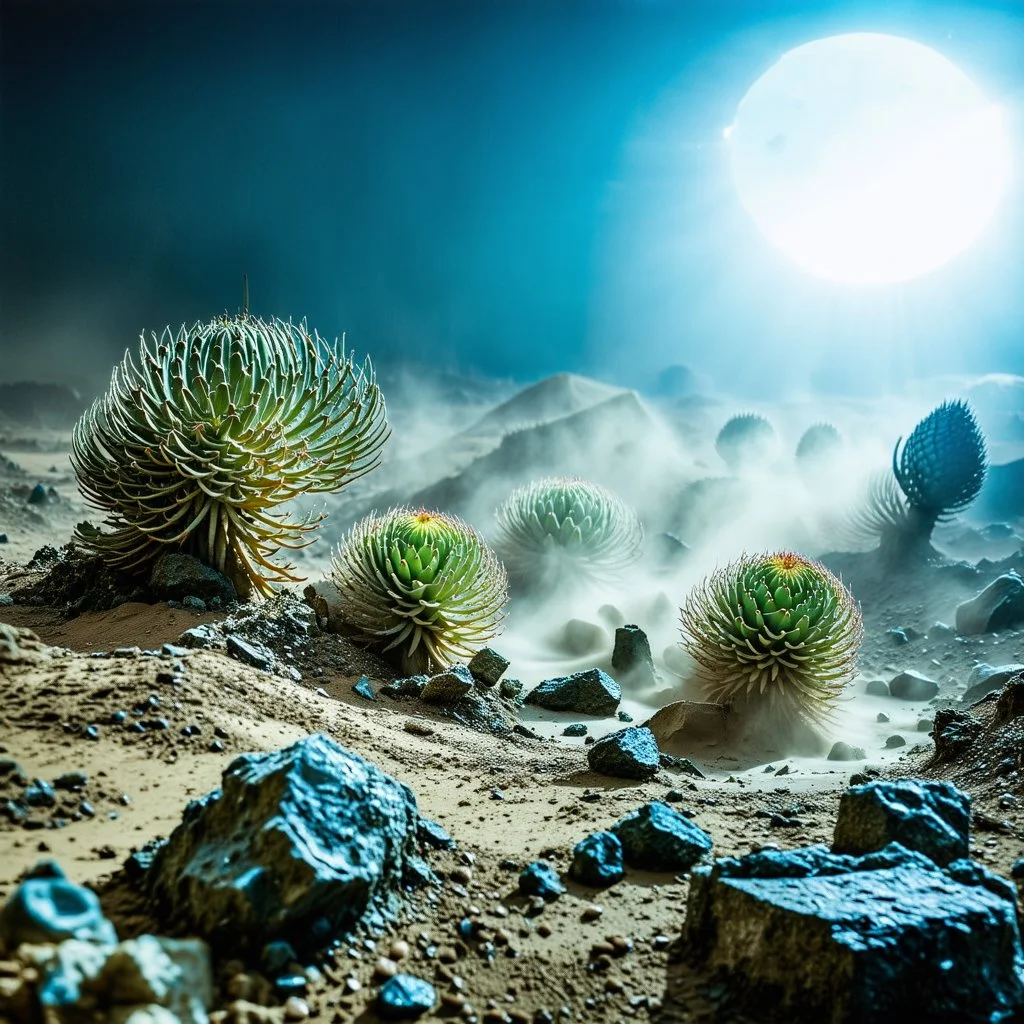 A striking quality Kodak photograph captures a wasteland with liquid and group of monstruous plants, creepy, details of the dust very accentuated, glossy organic mass, adorned with minerals and rocks. Bathed in intense light, eerie, Max Ernst style, blue sun, fog