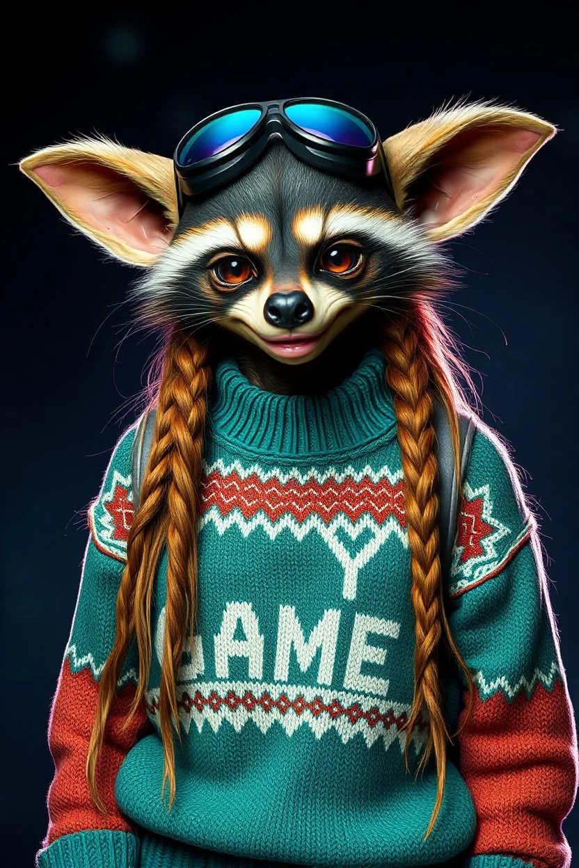 racoon gremlin alien woman air captain wearing a "pooyan game" sweater