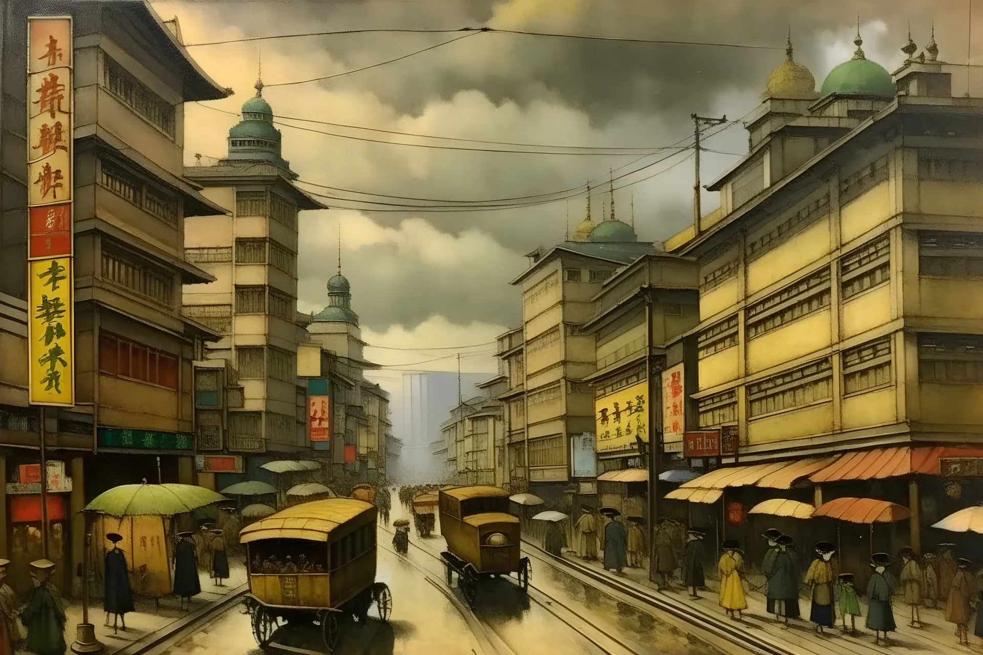 Japanese 1920 oil painting Central Tokyo