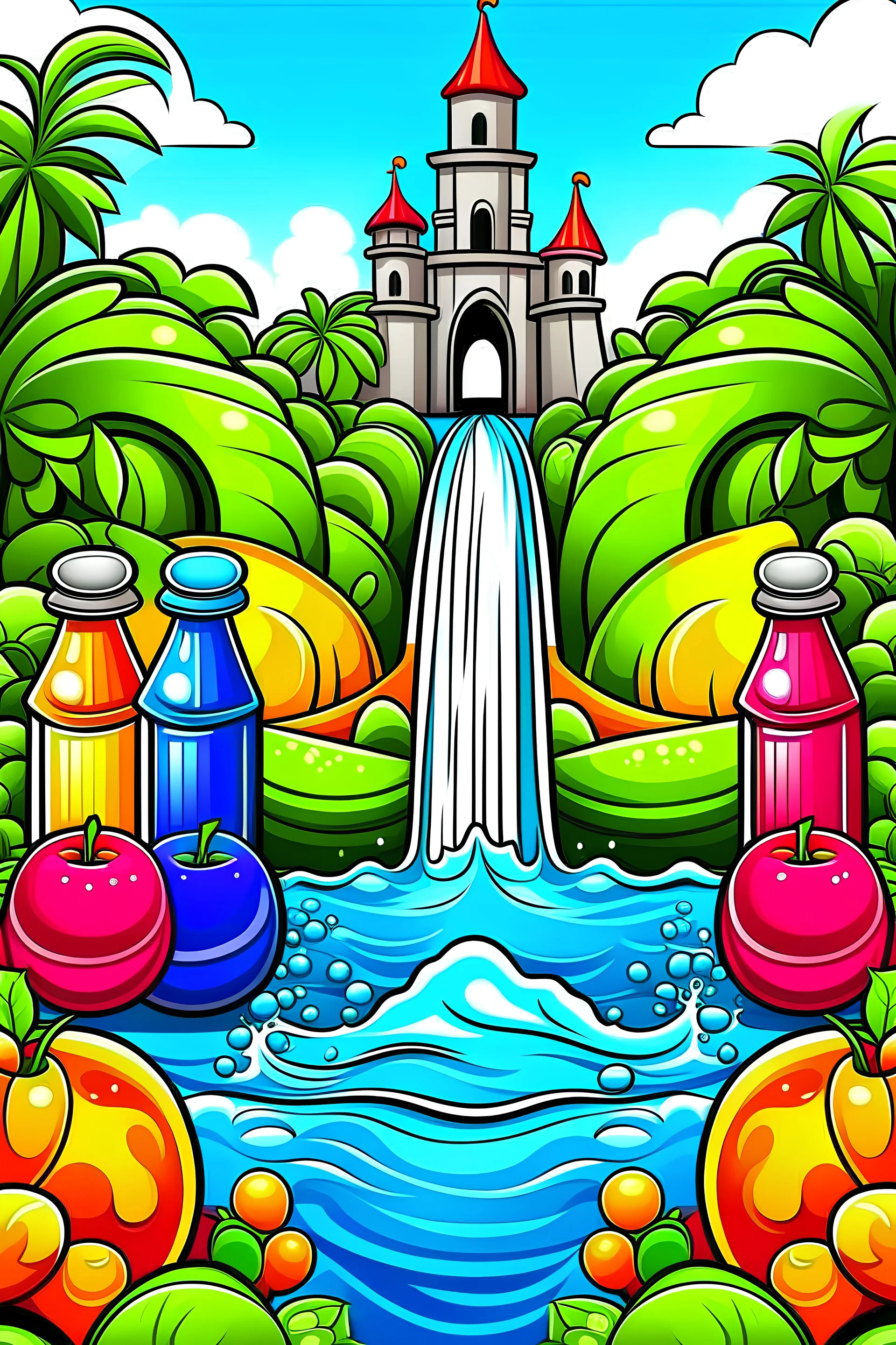 the juice kingdom create the same image and add bottles juice in the river