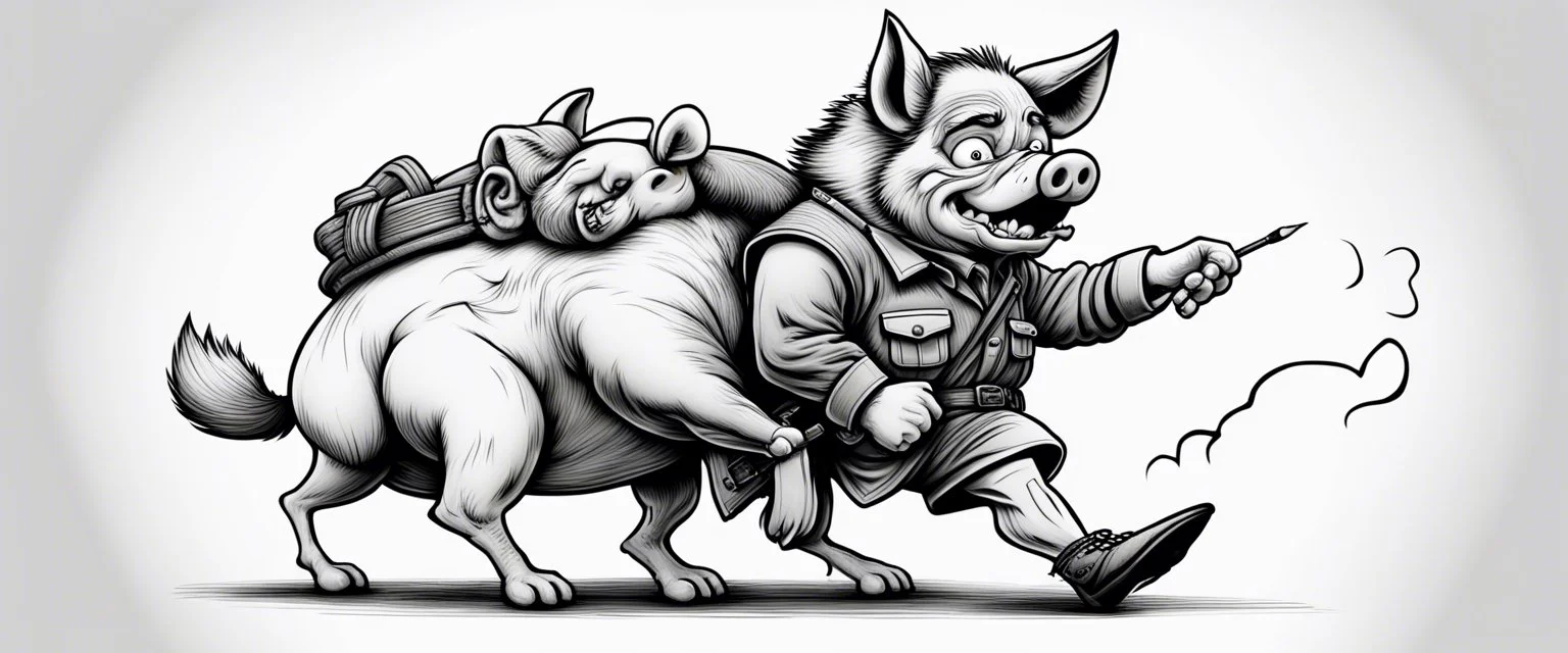 wolf carrying a scared pig general under his arms , stupid cartoon, airbrush and pen outline