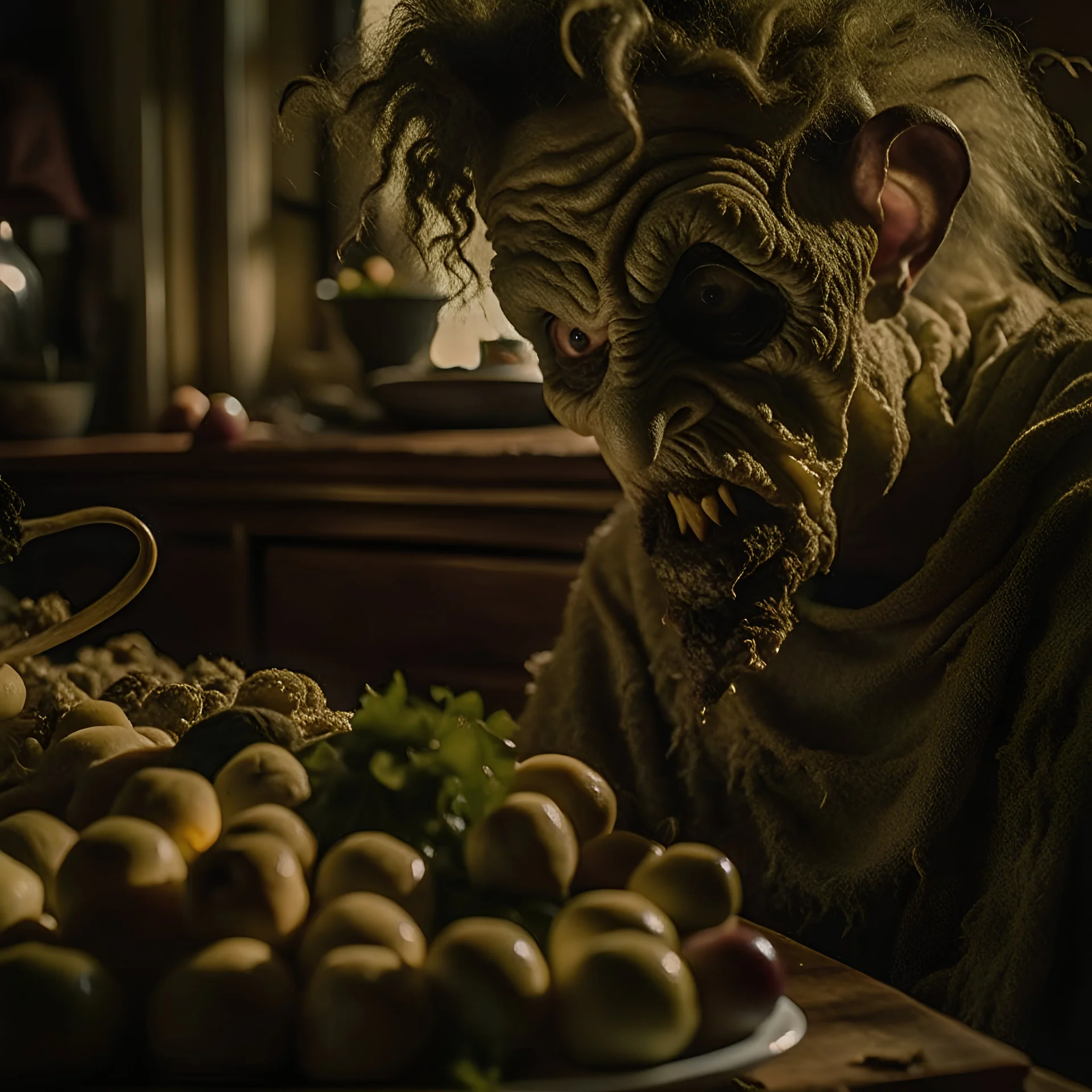 Strong texture, photorealism, Caravaggio, Arcimboldo. Intricate patterns, hypermaximalist. Photo made of inside house, an eerily mysterious, hidden and odd person is eating, a witchy house, sober style, pastel colors. Movie shot, spooky. Sinister scribbles, 33mm photography. Beasts