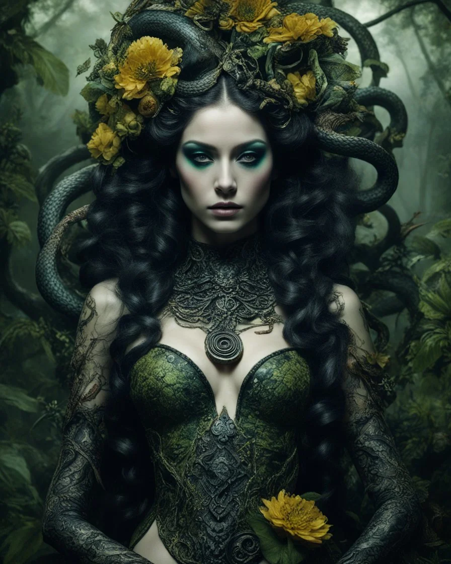 length image gothic horor photography realistic art of beauty makeup Gothic medusa surrealism,cobra snakes wrapped around body grotesque, mysticism, flowers jungle, fabulous living outlandish dragonfly floral spiral twisted ornate world in baroque style half body medusa girl dark creepy forest dryad