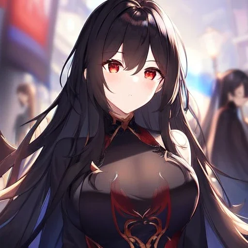 Clear focus, high resolution, black long fluffy hair, red eyes, wearing a detailed outfit