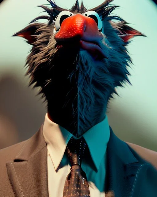 Realistic image, hybrid character, original Elmo muppet head, man body, human arms and hands, Shirt and tie, Tim burton style, concept art, smooth, unreal engine 5, god lights, ray tracing, RTX, lumen lighting, ultra detail, volumetric lighting, 3d, finely drawn, high definition, 4k.