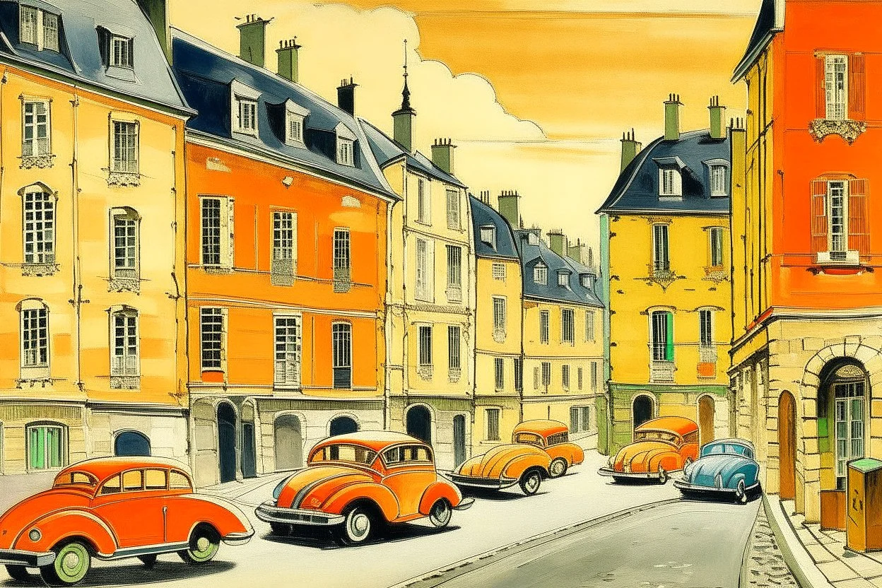 A salmon orange colored city with racecars painted by Maurice Utrillo