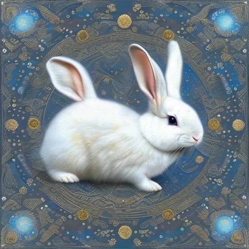 white platinum rabbit with blue third aye and butterfly wings, aboriginal, dot painting, indiginous, dot, mud, dream-time, abstract, dots, natural pigment, extremely sharp detail, finely tuned detail, ultra high definition, 8 k, unreal engine 5, ultra sharp focus, art germ and Paul Lewin and Kehinde Wiley, winter ambiance