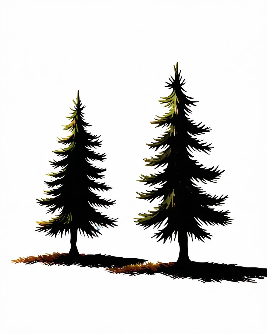 2 isolated spruce/pine trees with ground shadow, stylized graphic with watercolor