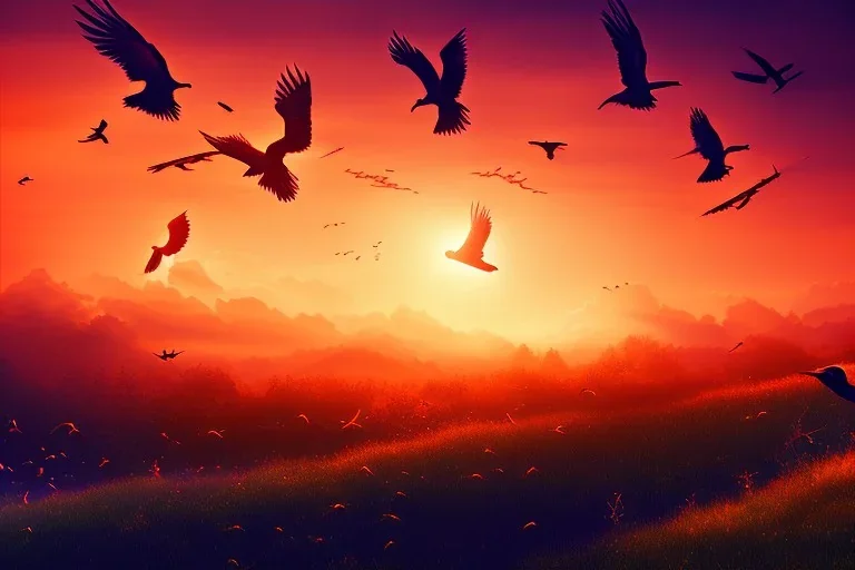 Beautiful landscape sunset with birds in the sky