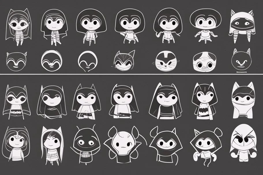 6 simple shaped hand drawn cartoon characters that are cute dark and have hoodies