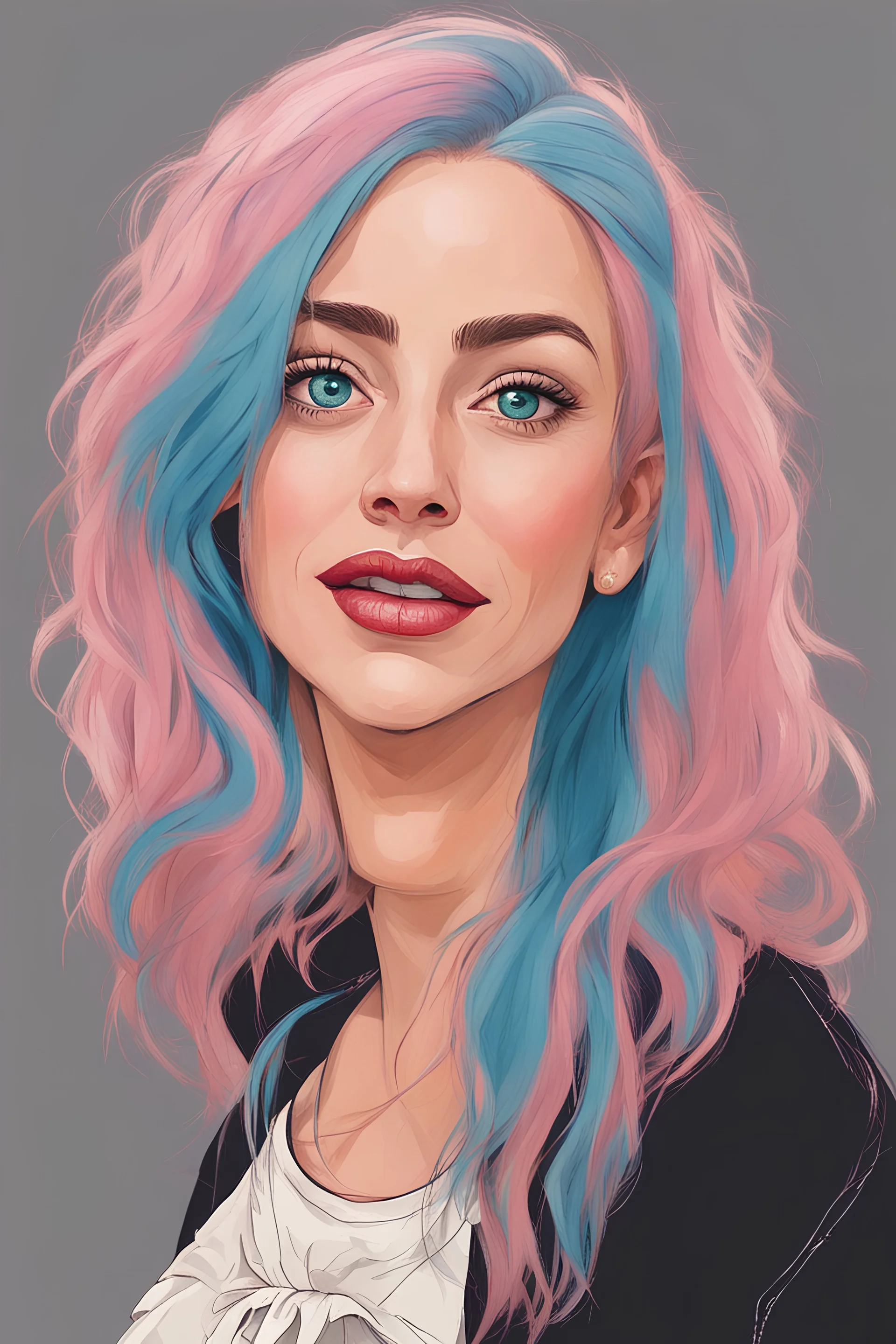 a portrait of a cute spanish girl with colored hair and large blue eyes and big lips in her 40s