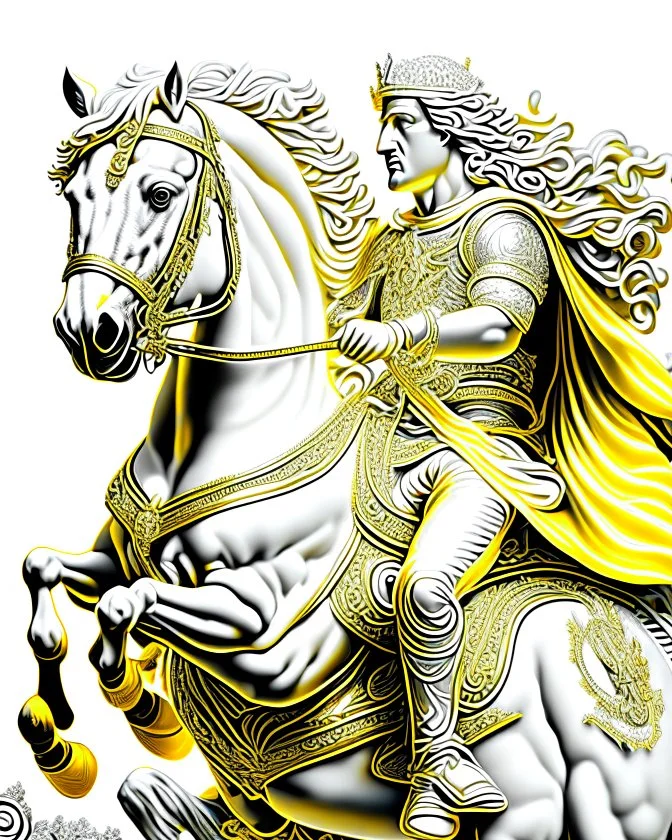 Alexander the Great on his horse fine intricate hyper-detailed vector art yellow cream silver and white full body 8k artwork