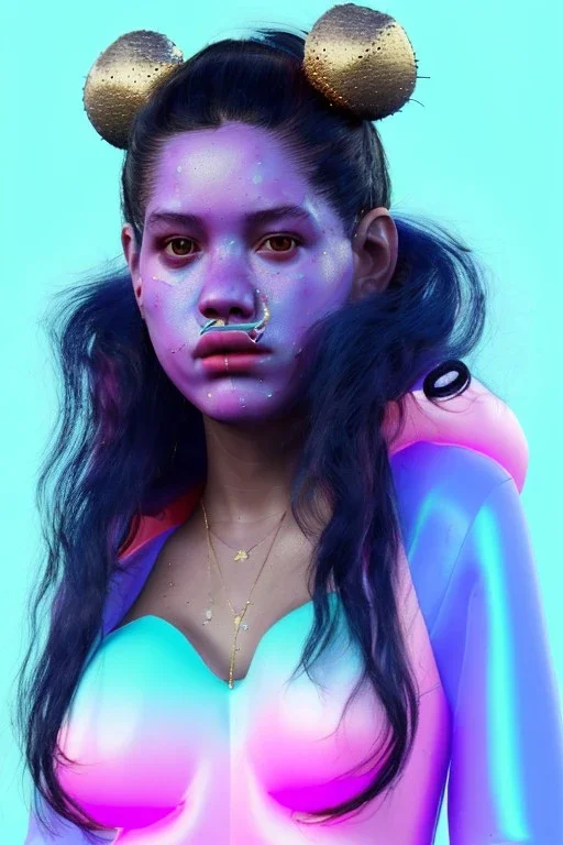 Ultra Realistic image, Rosalía artist, portrait, normal complexion, waist up portrait, two monkeys hair ,black eye long line, sweet face, t-shirt with holes, inflatable open coat, gold pink and blue style, spray glow make up, geometric led jewelry, fog, hot, inflatable style latex coat, vibrant color, highly detailed, art stations, concept art, smooth, unreal engine 5, god rays, ray tracing, RTX, lumen lighting, ultra detail, volumetric lighting, 3d, finely drawn, high definition.