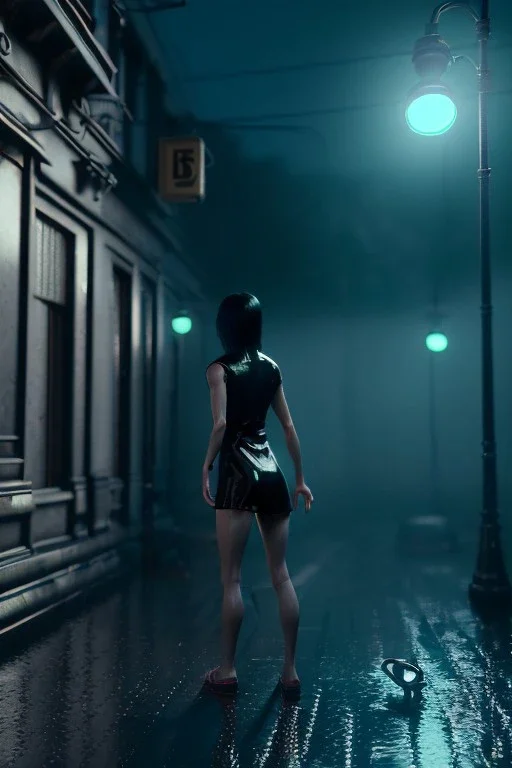 Ultra Realistic image, 25 years old brunette woman, Madrid, portrait, small stature, small chest, yakuza body tattoo, latex dress, short, rain, fog, club night Tokyo ambient, leds, neon, cyberpunk, vibrant color, highly detailed, art stations, concept art, smooth, unreal engine 5, god rays, ray tracing, RTX, lumen lighting, ultra detail, volumetric lighting.