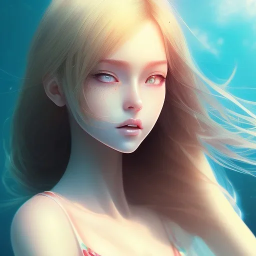 beautiful girl day, sunny, relaxing, sea, trees, real details --v anime style