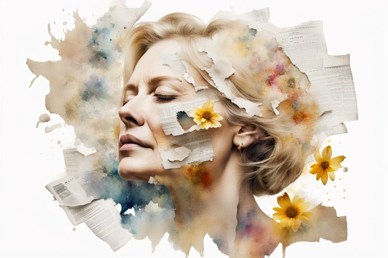 white background, double exposure, old torn paper, newspaper scraps, watercolor, splashes, blots, woman 50 years old, flower blonde, closed eyes, fine rendering, high resolution, double exposure, 8K