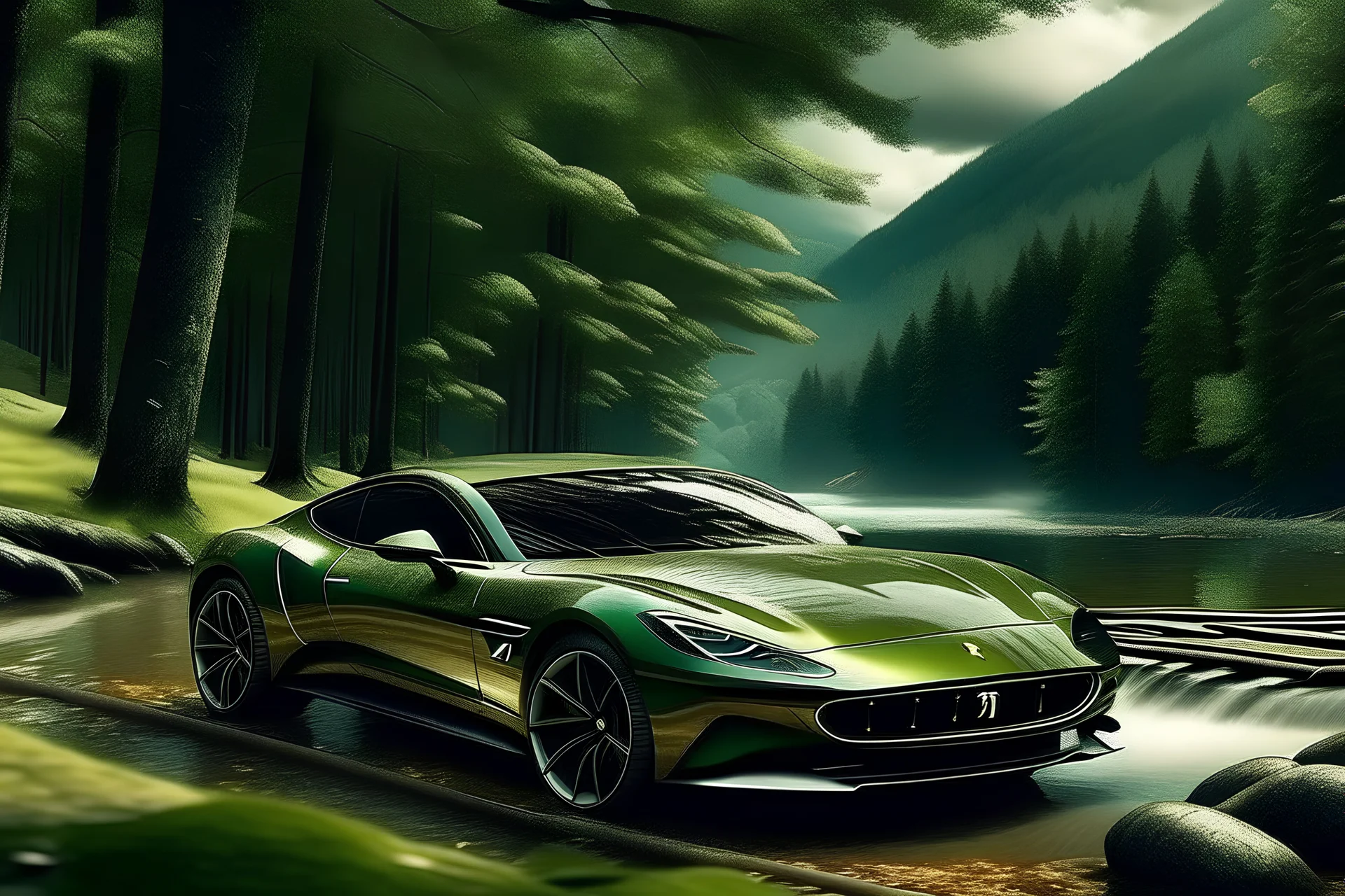 Ferrari Lusso Gt pista, Beautiful gal, mountain, river, trees calm ambience..