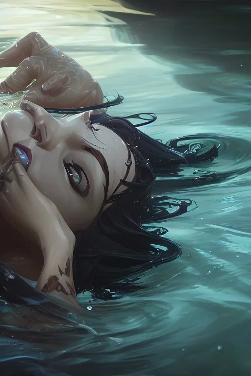 a beautiful woman, long curly black hair,closed eyes,coming from beneath the water,braking the surface with her face just coming out the water,looking up symbolism for breaking free. realistic,8k quality, action close shot from areal view,highly detailed , chaos 80