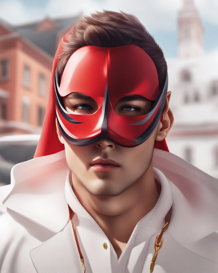 Draw an illustration with a red and white hood and a dragón mask over they eyes