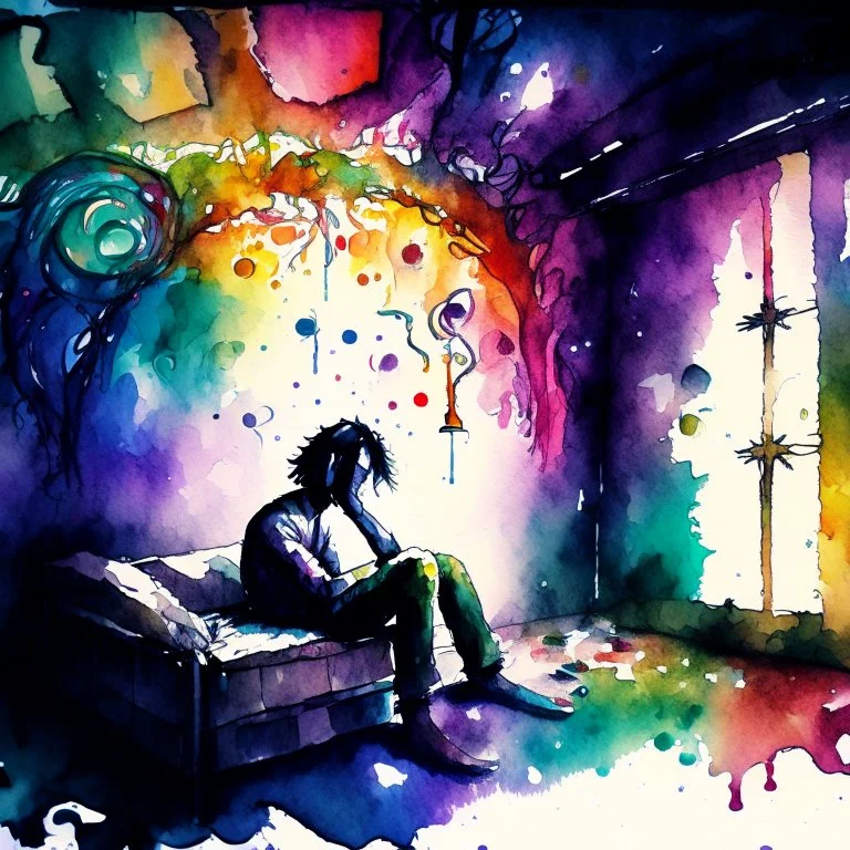 create a watercolour painting , a drug-addicted person is depicted sitting in a dark and dingy room. However, their mind is depicted as a vibrant and colorful dreamscape. The room's walls are covered in mystical symbols, and the person's eyes are closed, showing the viewer the fantastical world they are escaping to in their drug-induced reverie. Strange and beautiful creatures roam this surreal landscape, and the person's addiction is portrayed as a thin, ethereal thread connecting them to this