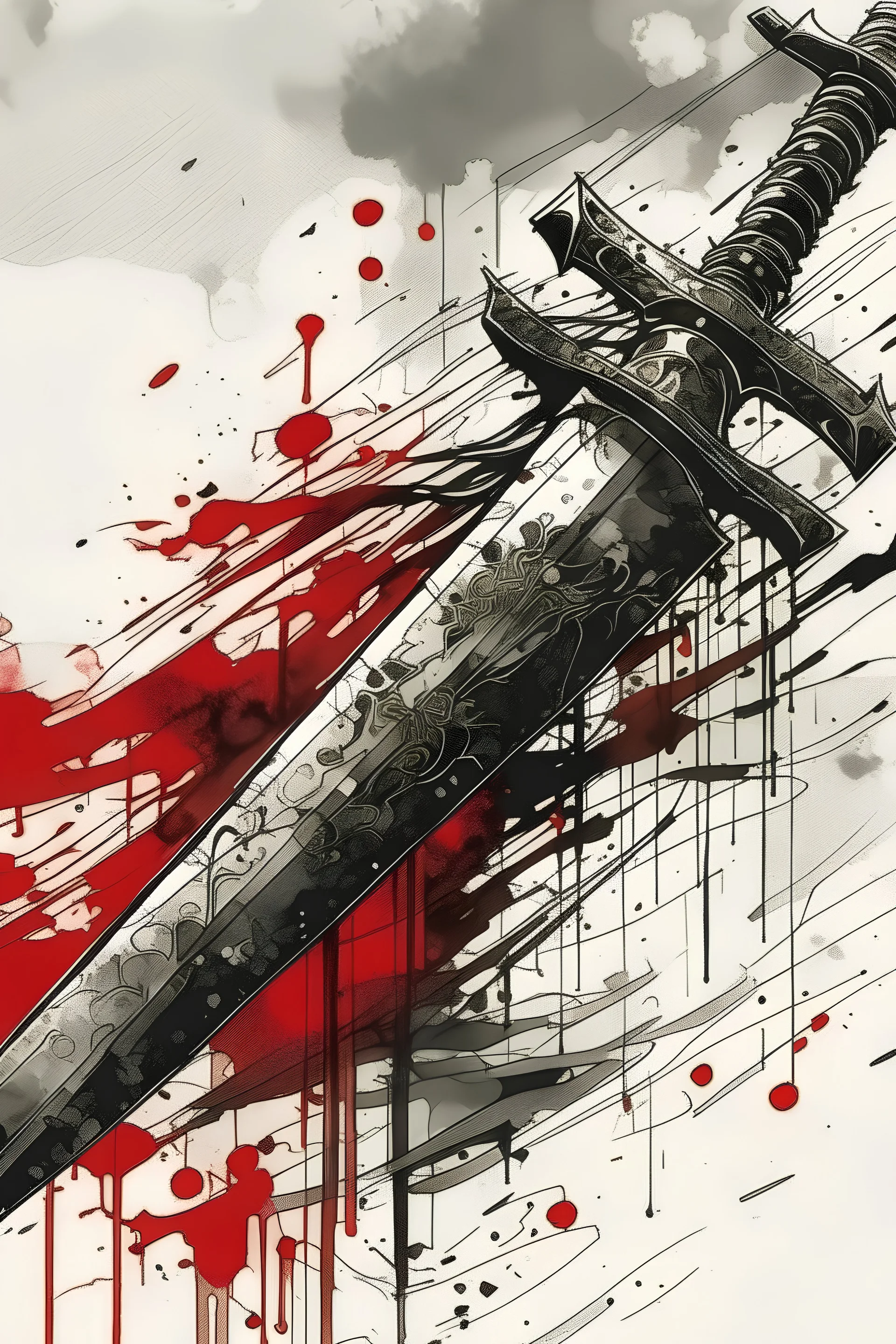 Stylized katana graphic with blood dripping from the blade. create in inkwash and watercolor, in the comic book art style of Mike Mignola, Bill Sienkiewicz and Jean Giraud Moebius, highly detailed, gritty textures,