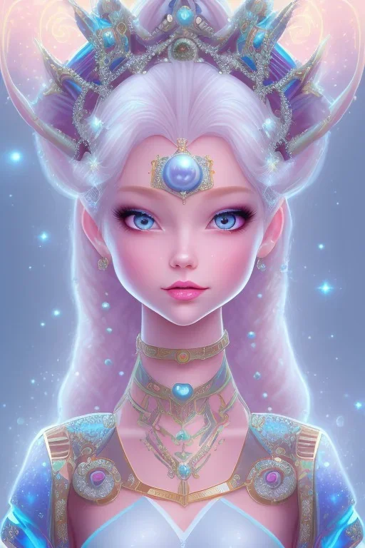 cosmic princess girl belle fine, visage de trois quart, grand front cosmique, peau bleu cristalline, yeux bleu, perle sur le front long cheveux blond et rose etoilé cristaux sur le corps, collier de grande princesse, levres souriante, très jolie sourire