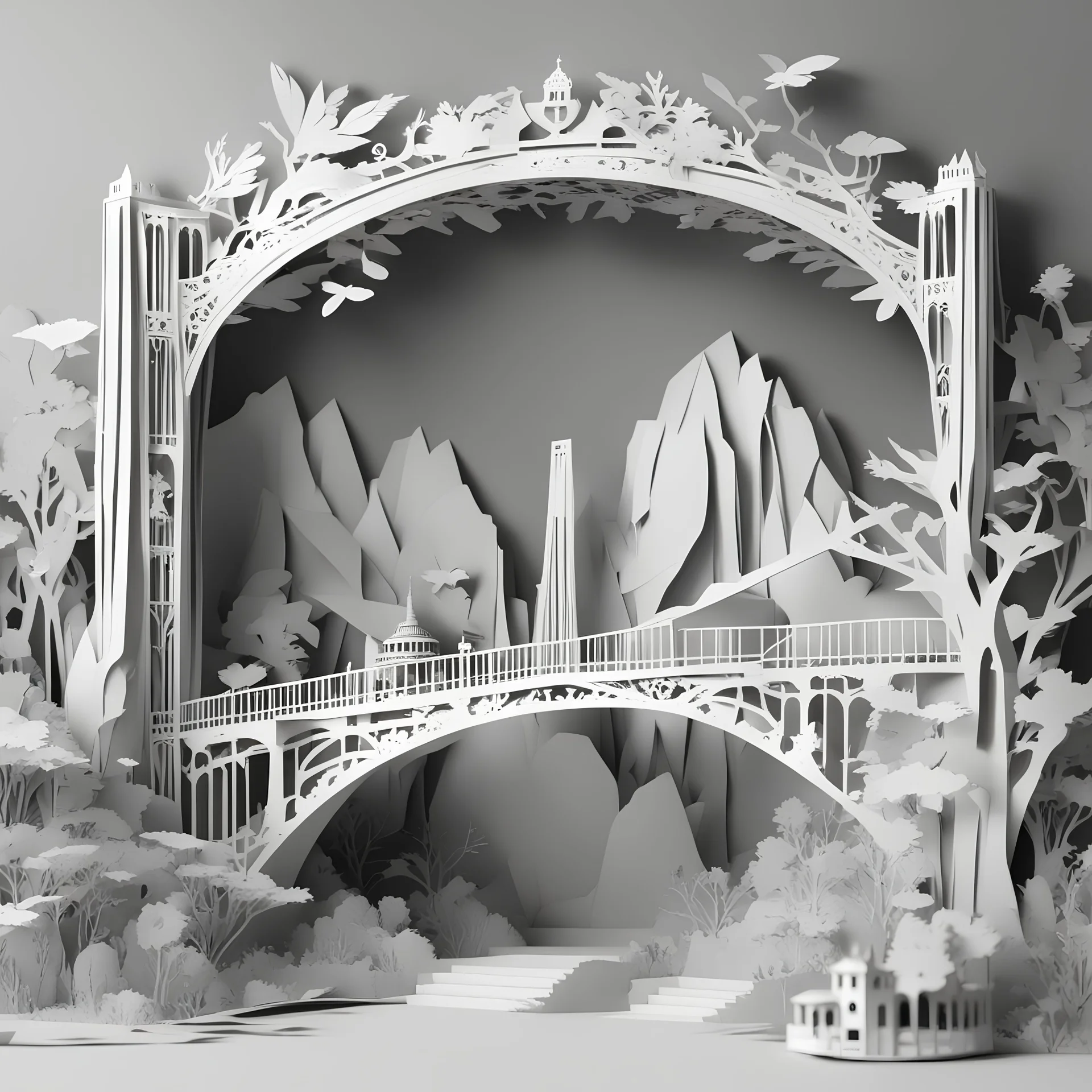 Tasman Bridge Tasmania view in ornate Papercraft, fairytale, children popup book, soft shadows, ambient occlusion, monochromatic